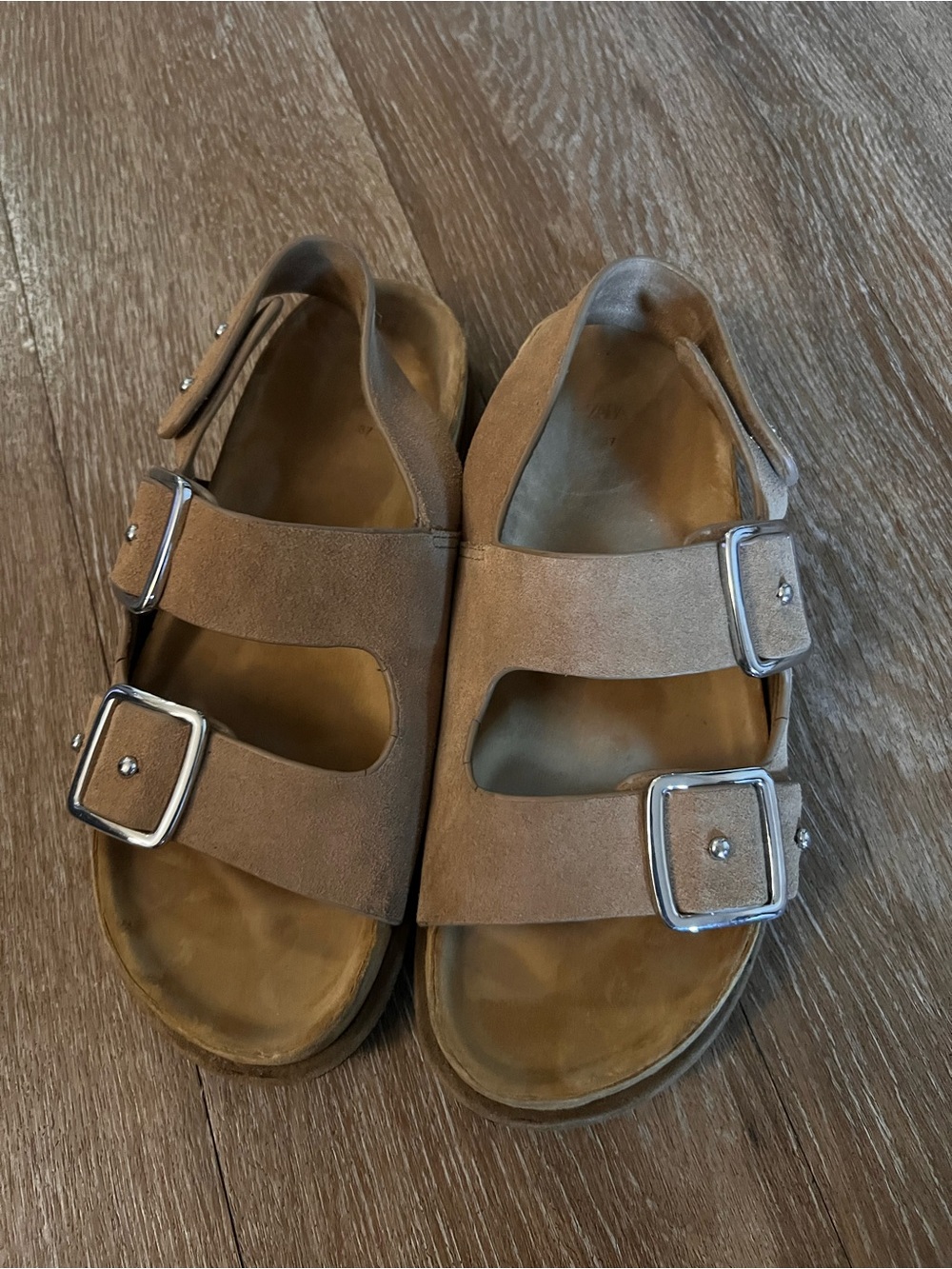 Zara Suede Double-Buckle Slide Sandals in Taupe - Picture 1 of 5